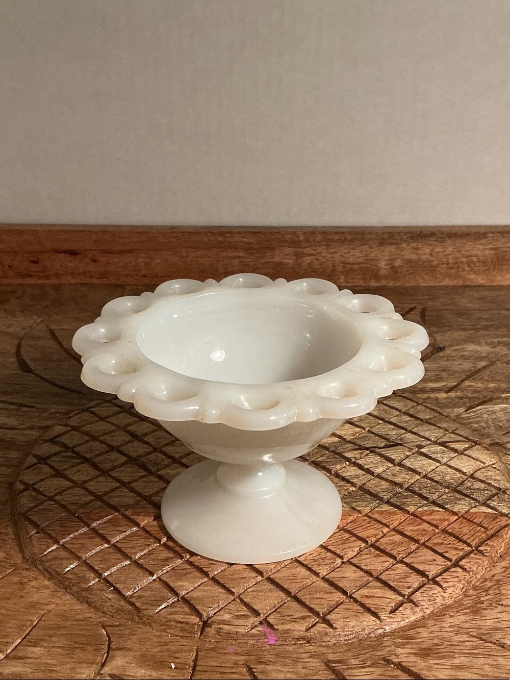 White Milk Glass Pedestal Compote with Scalloped Rim